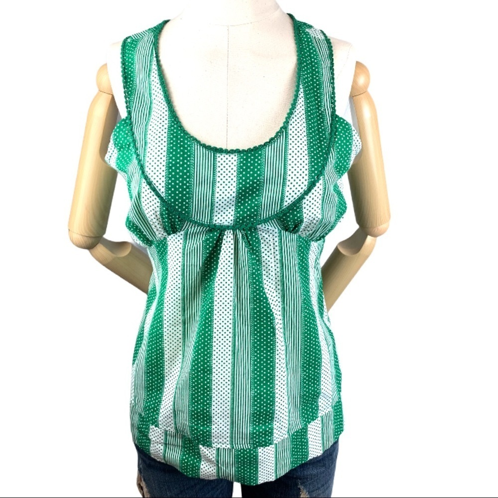 NWT Green & White Cotton Sleeveless Top W/Tieback